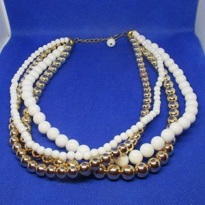 Four Strand Metallic Gold Tone White Beaded Necklace Multi Strand Bead  Necklace